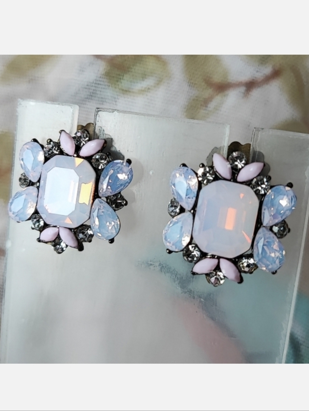 Pink Opaline Emerald Cut Teardrop Unsigned Pierced Earrings